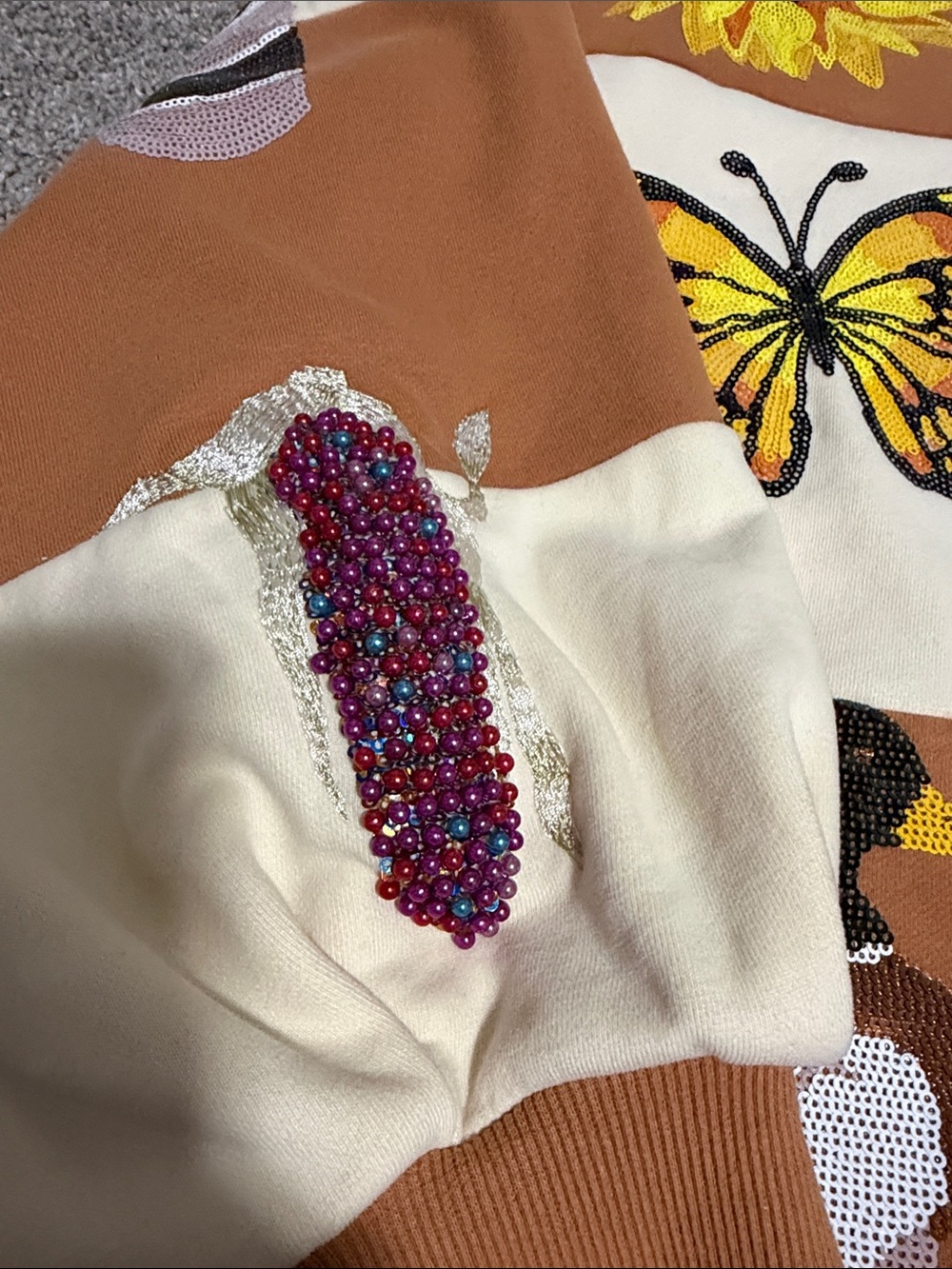QUEEN OF SPARKLES Brown & Cream Patchwork Embroidered Sweatshirt - Picture 4 of 5